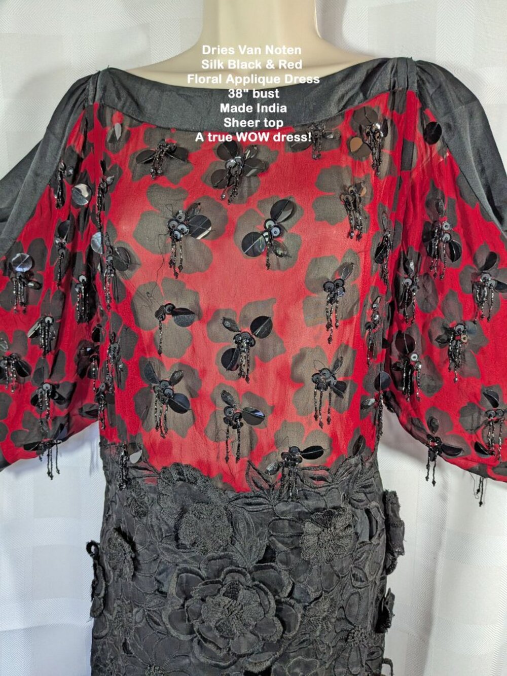 Dries Van Noten Silk Black & Red Floral Applique Dress, 38" bust, Made in India - Picture 14 of 17